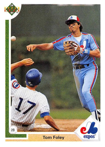 Tom Foley of the Montreal Expos turns a double play in this Upper Deck baseball card