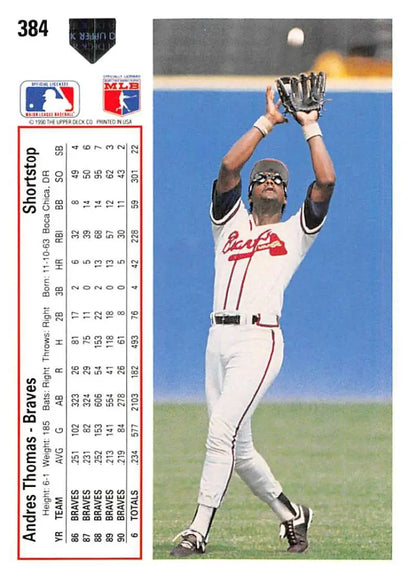 Andres Thomas catching a fly ball on 1991 Upper Deck Atlanta Braves Baseball Card