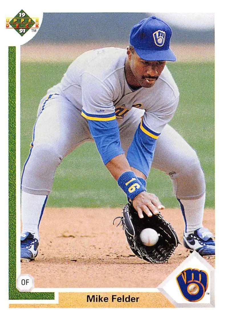 Milwaukee Brewers player Mike Felder fielding a ground ball on baseball card 1991 Upper Deck