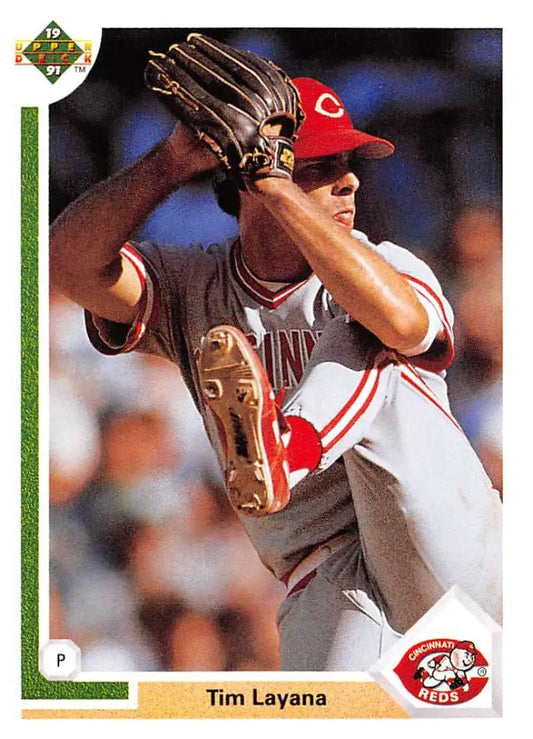Cincinnati Reds player Tim Layana mid-pitch on 1991 Upper Deck baseball card