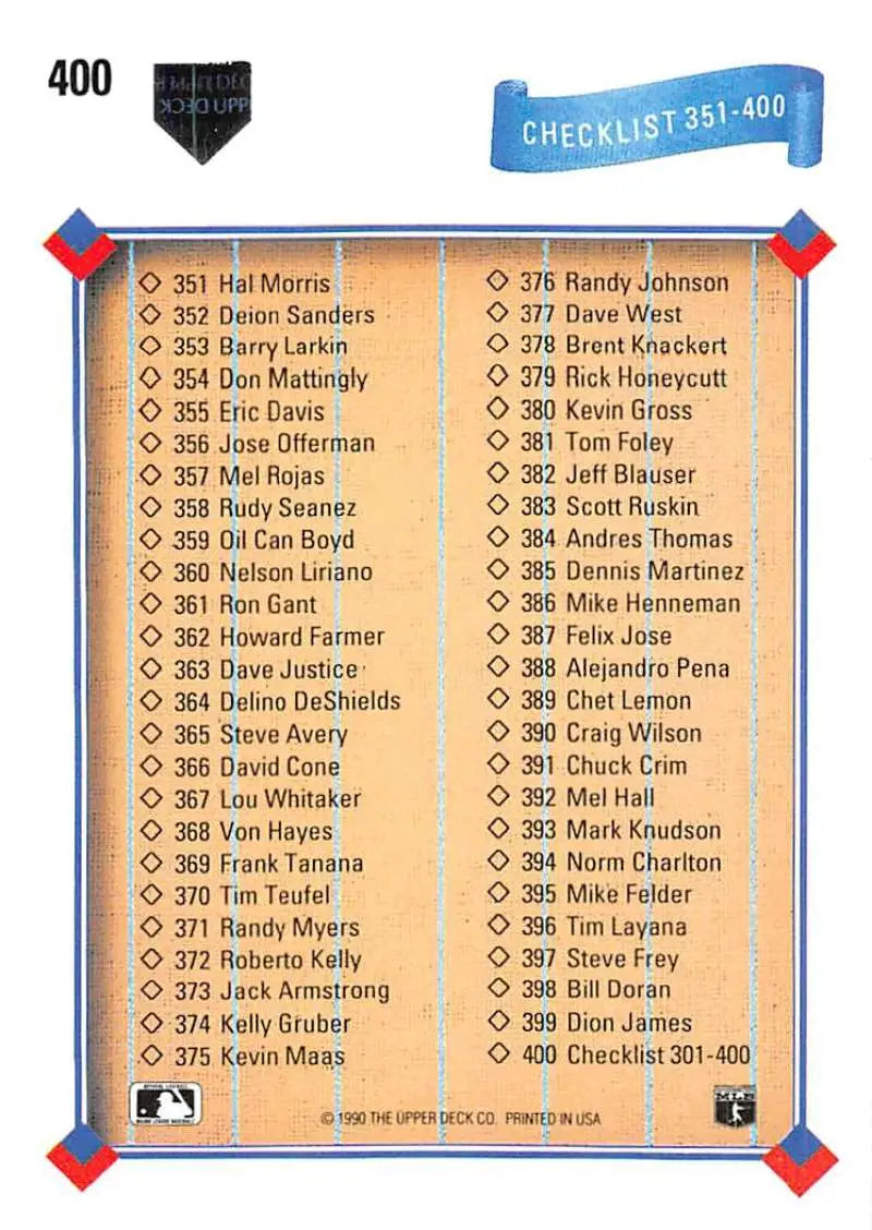 Baseball card checklist 351-400 with player names from 1991 Upper Deck