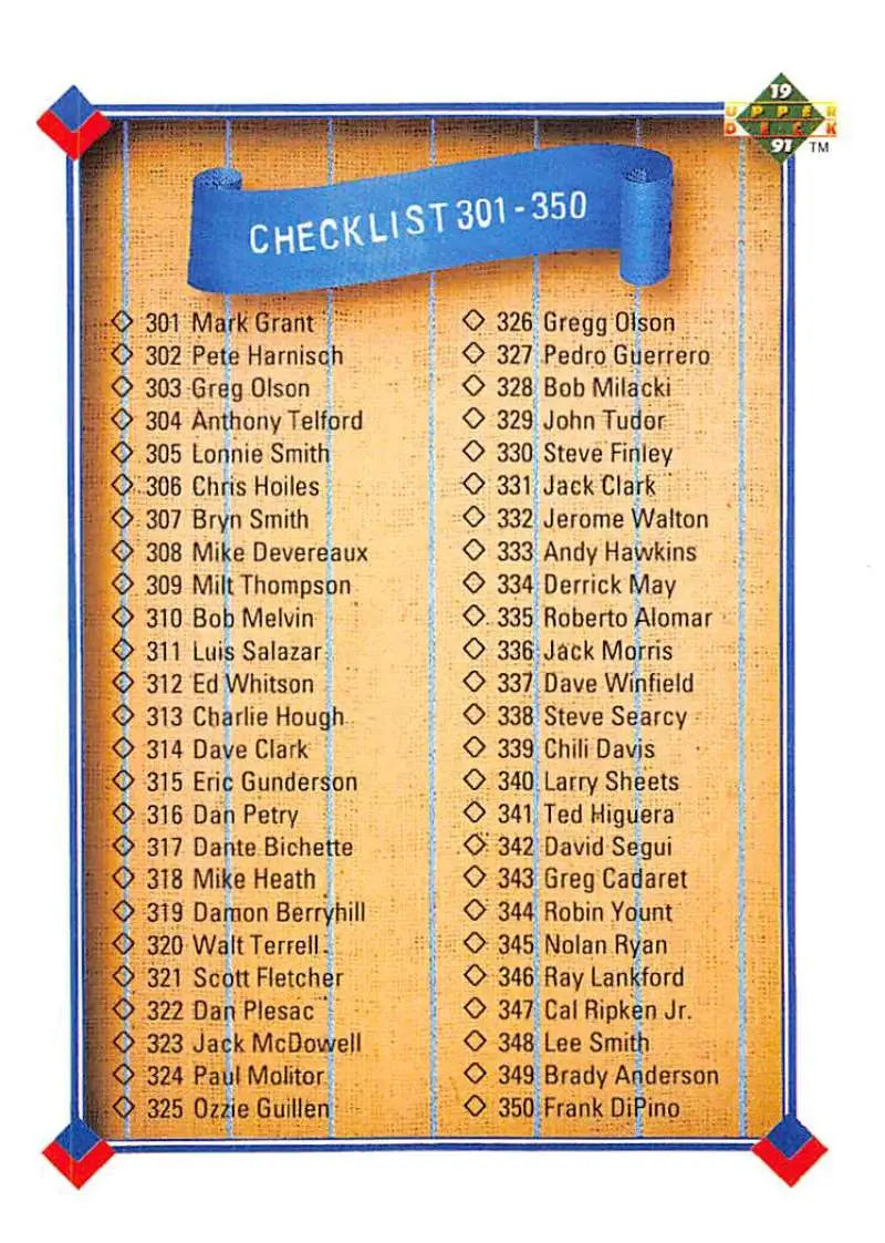 Baseball card checklist showing player names 301-350 from 1991 Upper Deck