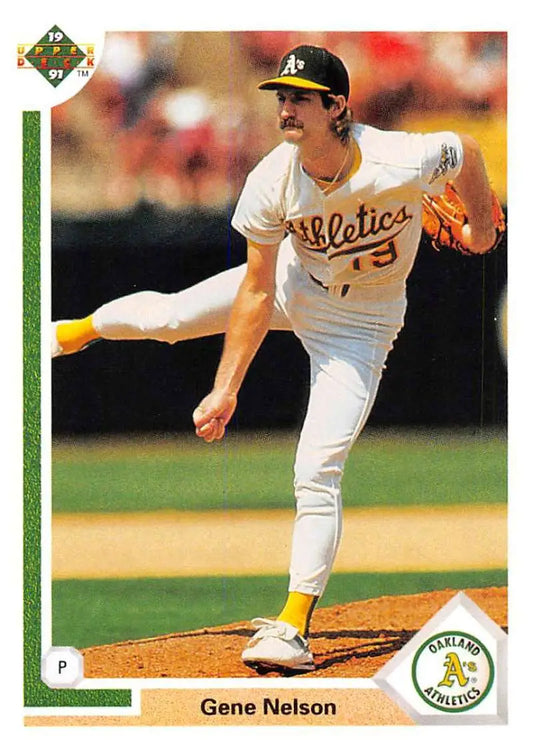 Gene Nelson delivering a pitch in Oakland Athletics uniform on Upper Deck card