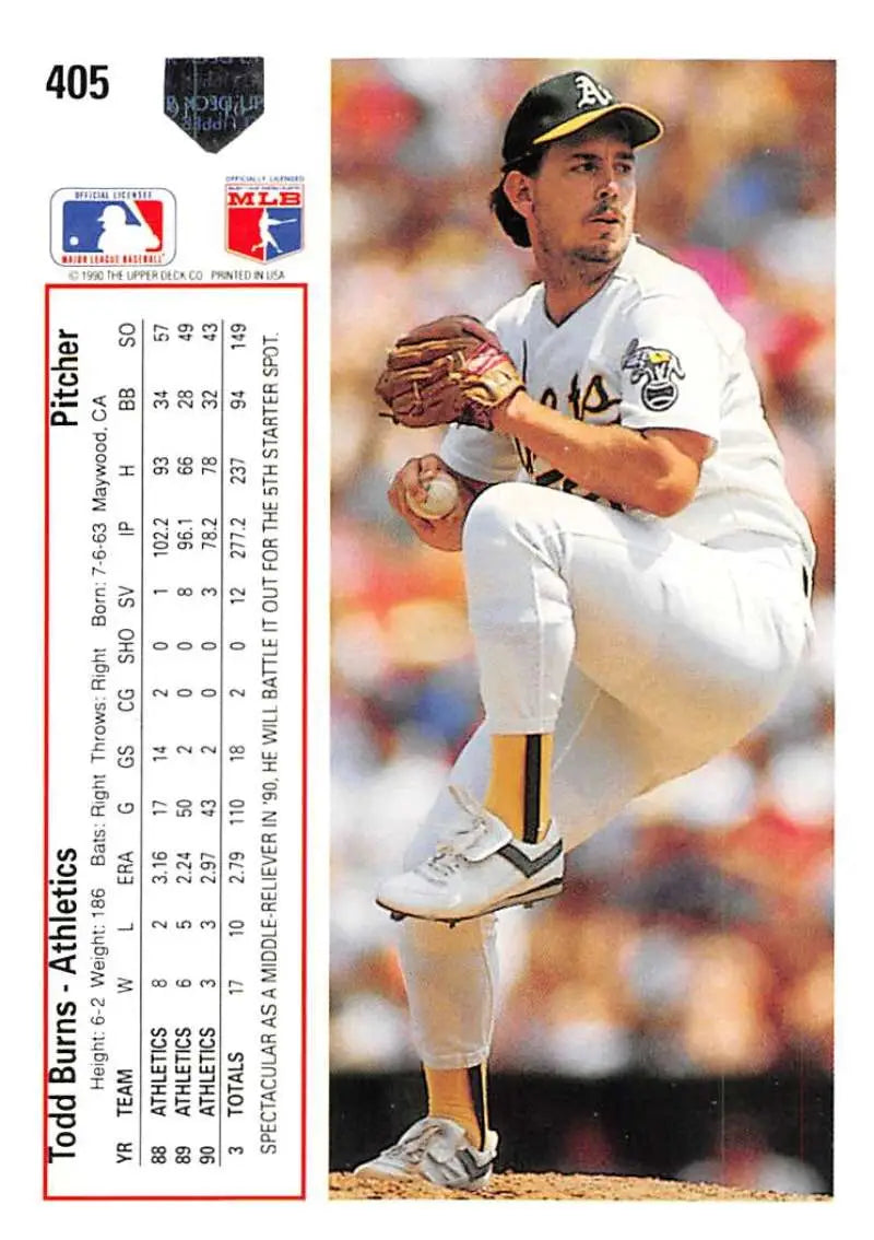Baseball card featuring Todd Burns in mid-delivery for Upper Deck Oakland Athletics
