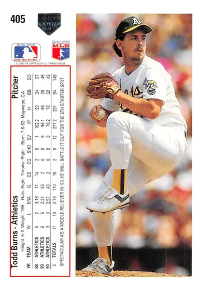 Baseball card featuring Todd Burns in mid-delivery for Upper Deck Oakland Athletics