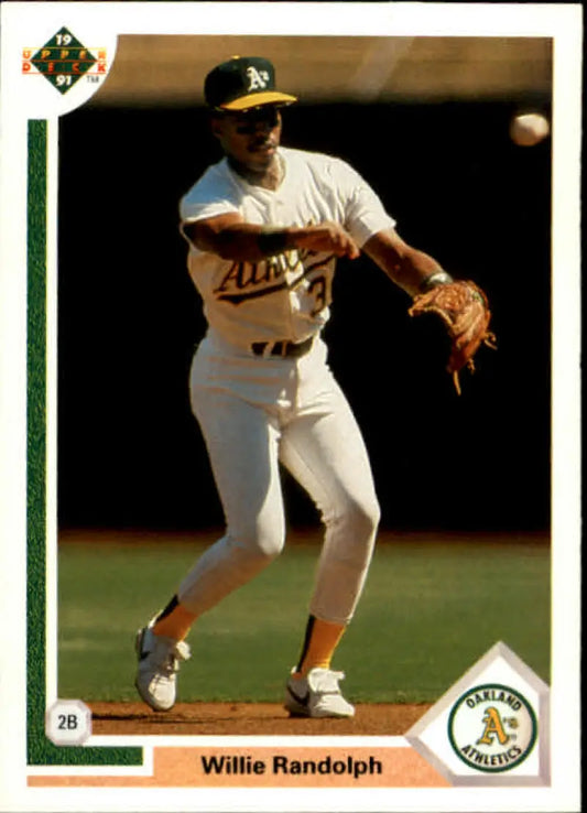 Baseball card of Willie Randolph fielding at second base for the Oakland Athletics