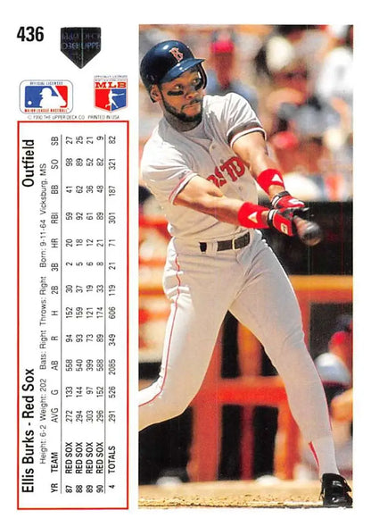 Boston Red Sox baseball card featuring Ellis Burks at bat in white uniform