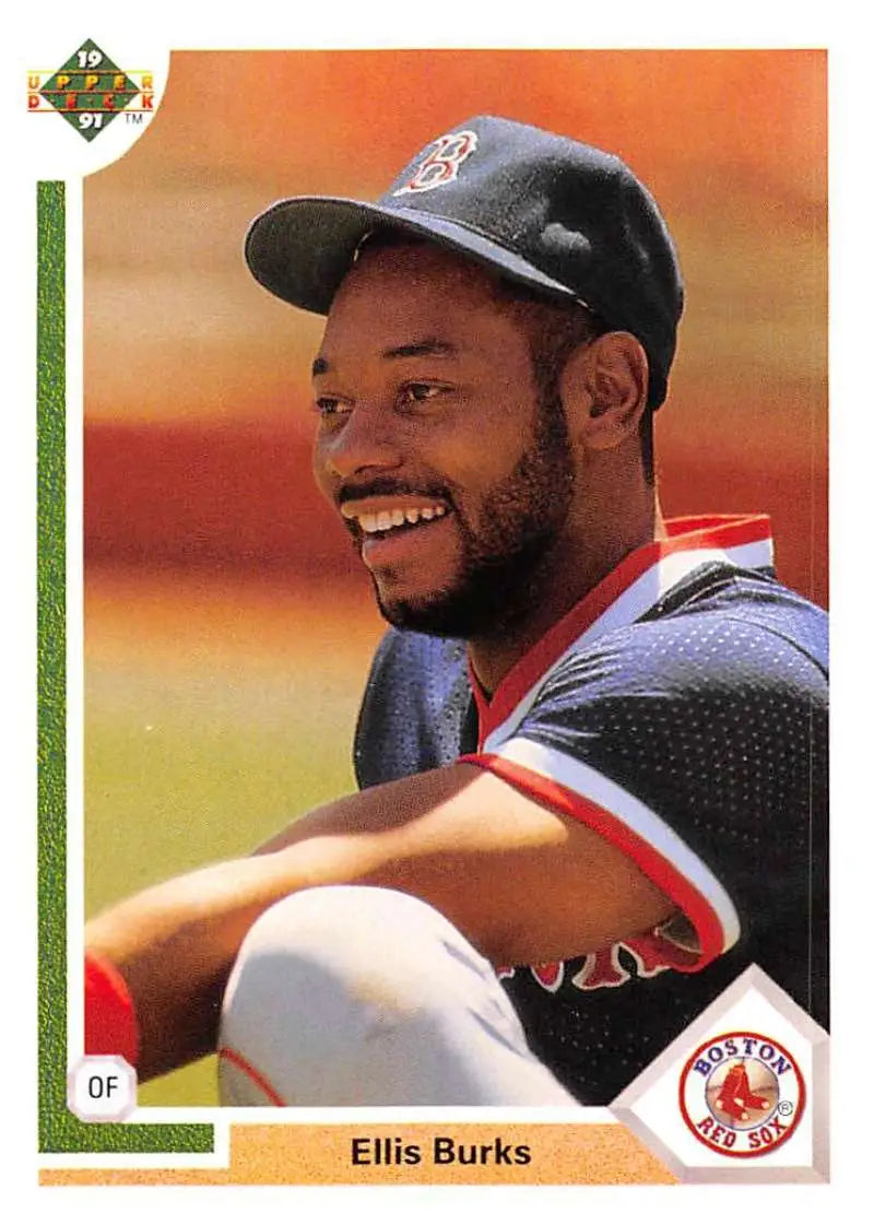Boston Red Sox baseball card of Ellis Burks smiling in team cap, 1991 Upper Deck #436