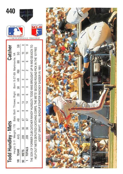 Todd Hundley pitching on the mound in 1991 Upper Deck New York Mets Baseball Card