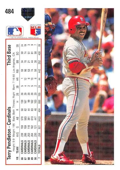 Terry Pendleton at bat in white and red uniform baseball card from Upper Deck