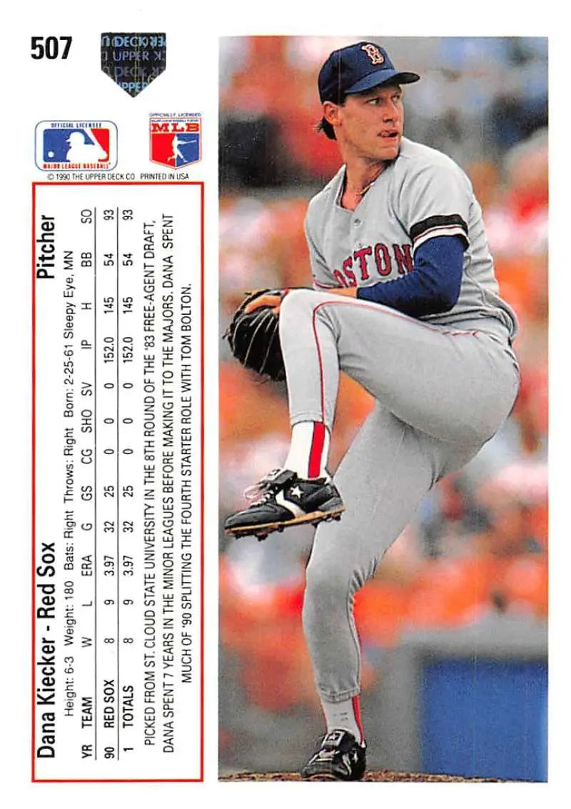 Boston Red Sox player Dana Kiecker mid-pitch on the mound in baseball card