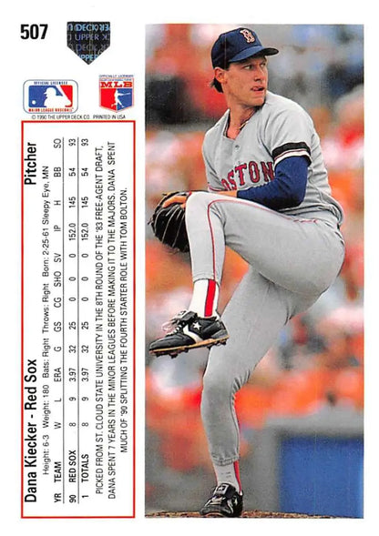 Boston Red Sox player Dana Kiecker mid-pitch on the mound in baseball card