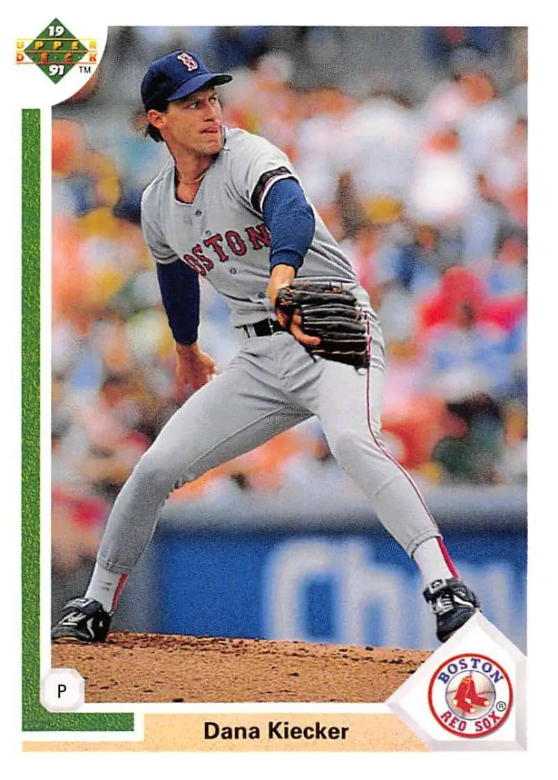 Baseball card of Dana Kiecker, Boston Red Sox pitcher in gray uniform mid-delivery