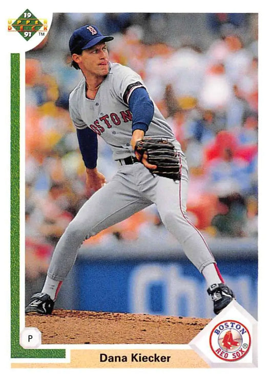 Baseball card of Dana Kiecker, Boston Red Sox pitcher in gray uniform mid-delivery