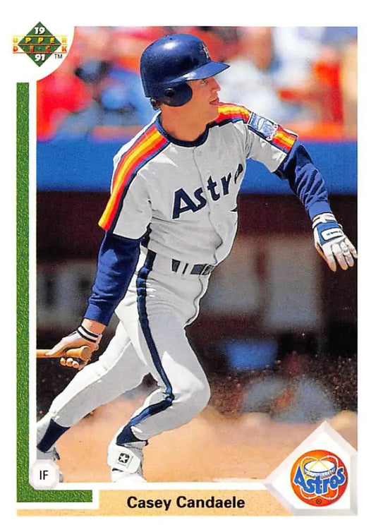 Baseball card of Casey Candaele in Houston Astros rainbow-striped uniform by Upper Deck