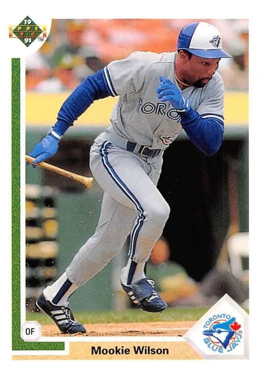 Baseball card of Mookie Wilson in batting stance for Toronto Blue Jays collectors