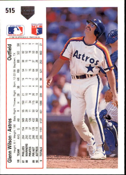 1991 Upper Deck #515 Glenn Wilson Houston Astros Baseball Card in home uniform at bat