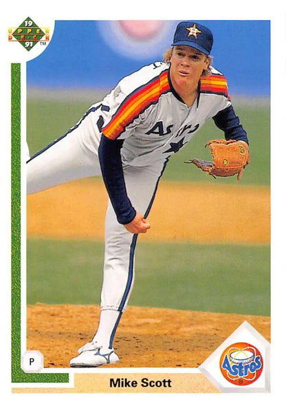 Houston Astros pitcher Mike Scott in 1990s rainbow-striped uniform delivery