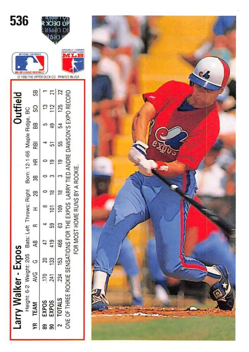 Larry Walker at bat in red jersey, blue pants on Montreal Expos baseball card