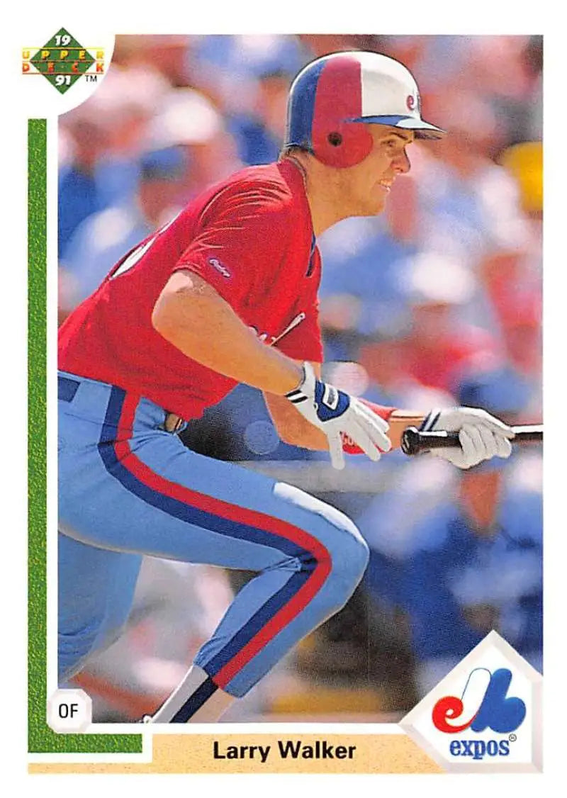 Larry Walker in red and blue uniform preparing to bunt for Montreal Expos baseball card