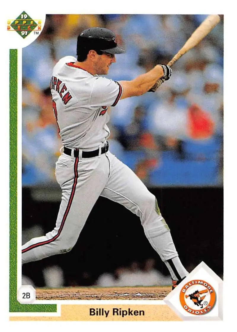 Billy Ripken mid-swing in white uniform on 1991 Upper Deck Baltimore Orioles Baseball Card