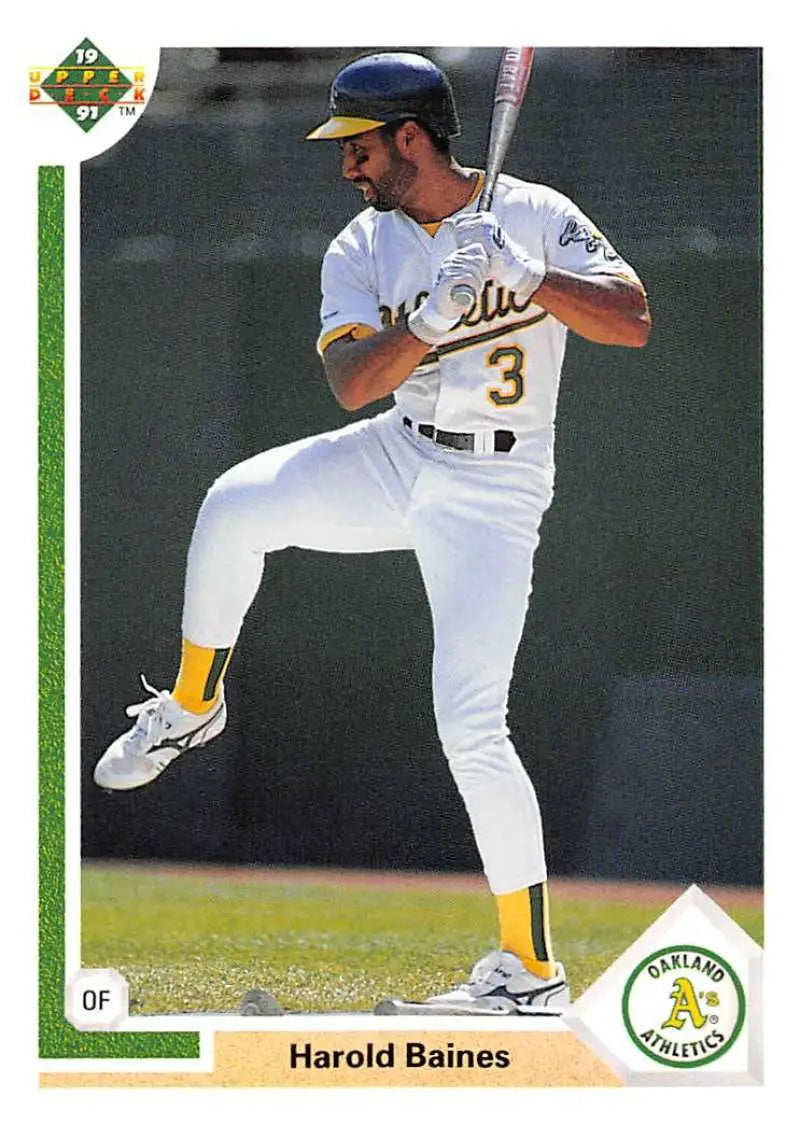 Baseball card of Harold Baines in white Oakland Athletics uniform, number 3