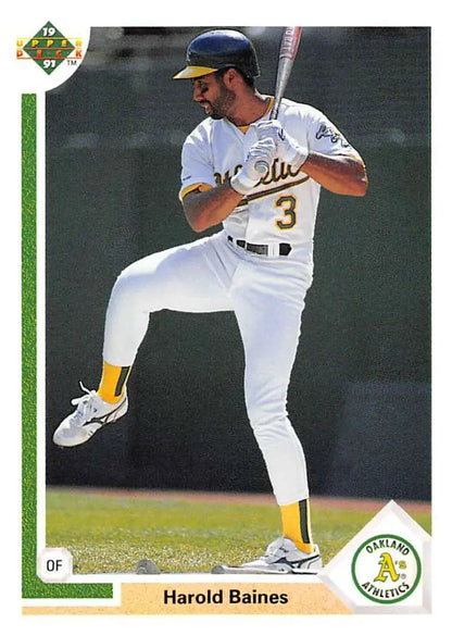 Baseball card of Harold Baines in white Oakland Athletics uniform, number 3
