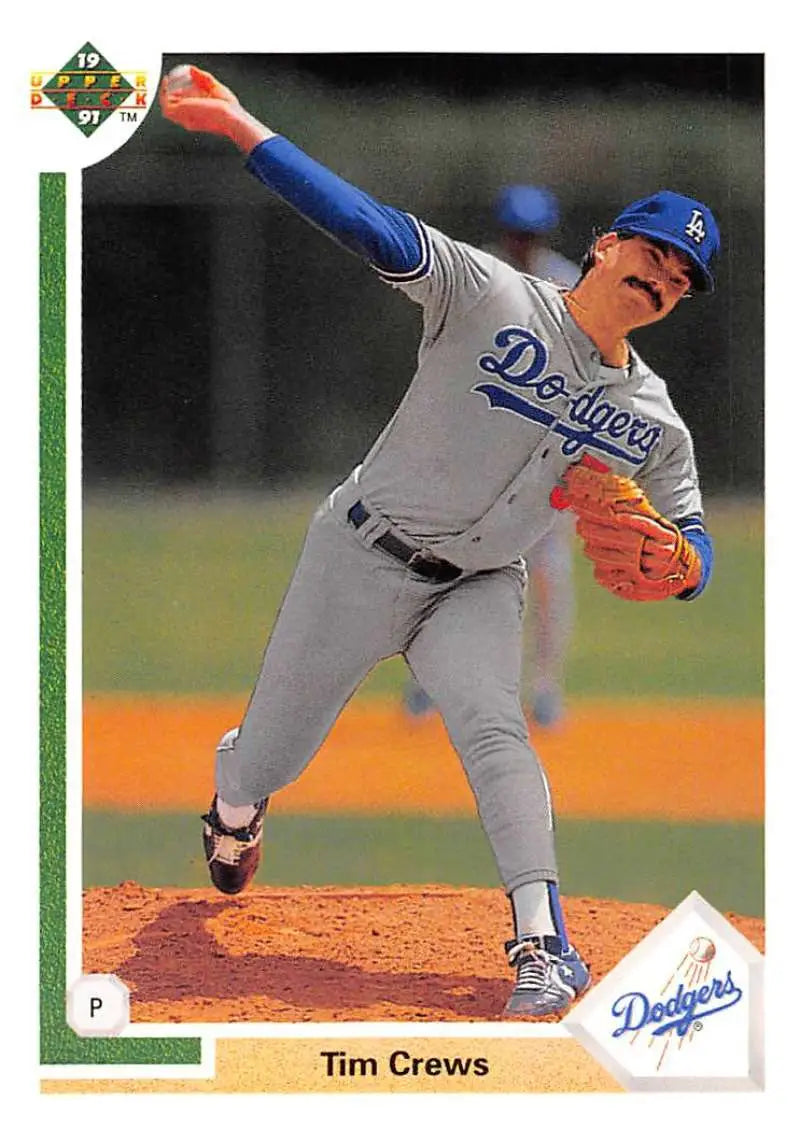 Baseball pitcher Tim Crews on the mound in Los Angeles Dodgers uniform during delivery