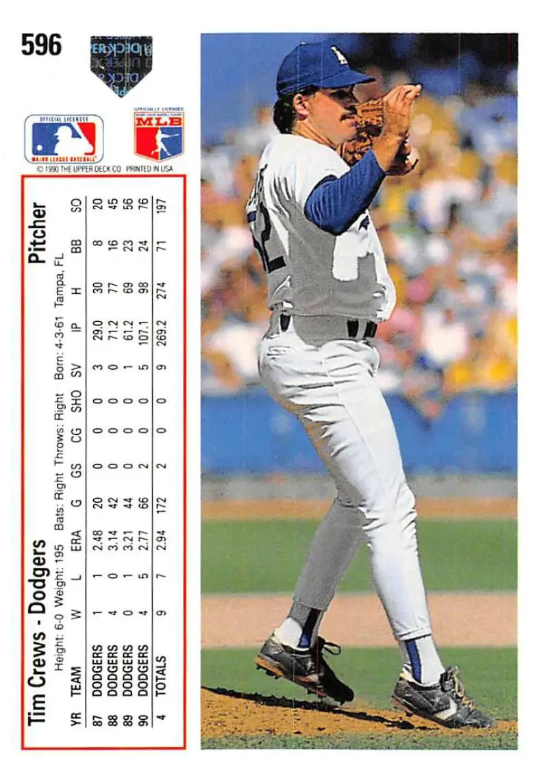 Los Angeles Dodgers Tim Crews mid-delivery motion baseball card in white uniform