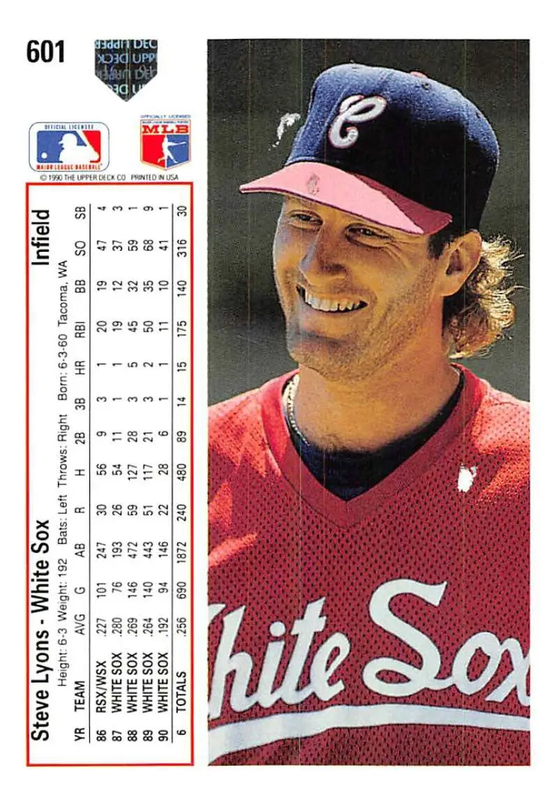 Baseball card of Steve Lyons in a Chicago White Sox jersey and navy blue cap