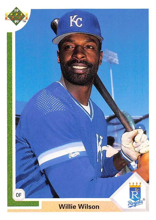 Willie Wilson in Kansas City Royals uniform smiling with a bat for baseball card display