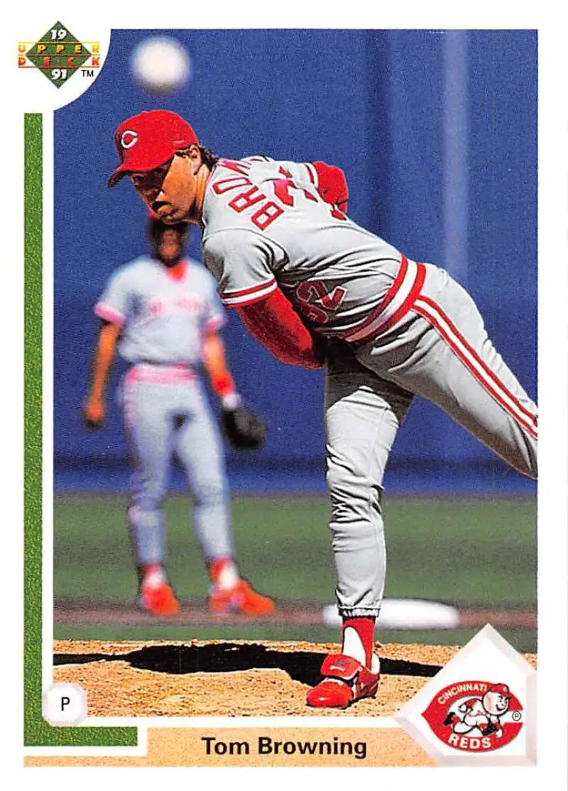 Cincinnati Reds pitcher Tom Browning mid-delivery in 1991 Upper Deck Baseball Card