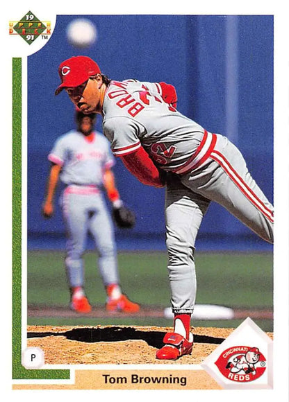 Cincinnati Reds pitcher Tom Browning mid-delivery in 1991 Upper Deck Baseball Card