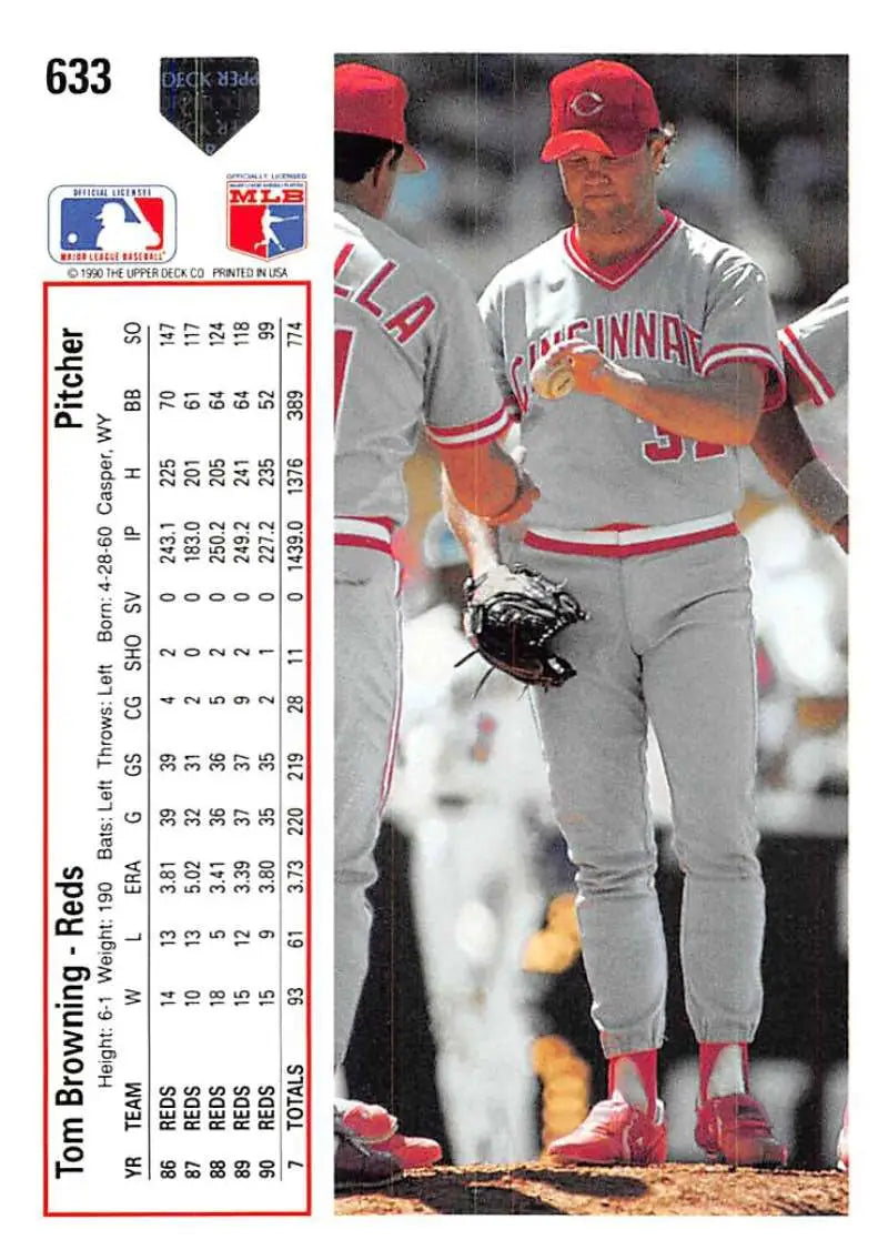 Baseball card of Tom Browning in gray road uniform for Cincinnati Reds collectors