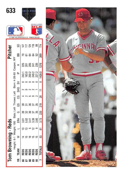 Baseball card of Tom Browning in gray road uniform for Cincinnati Reds collectors