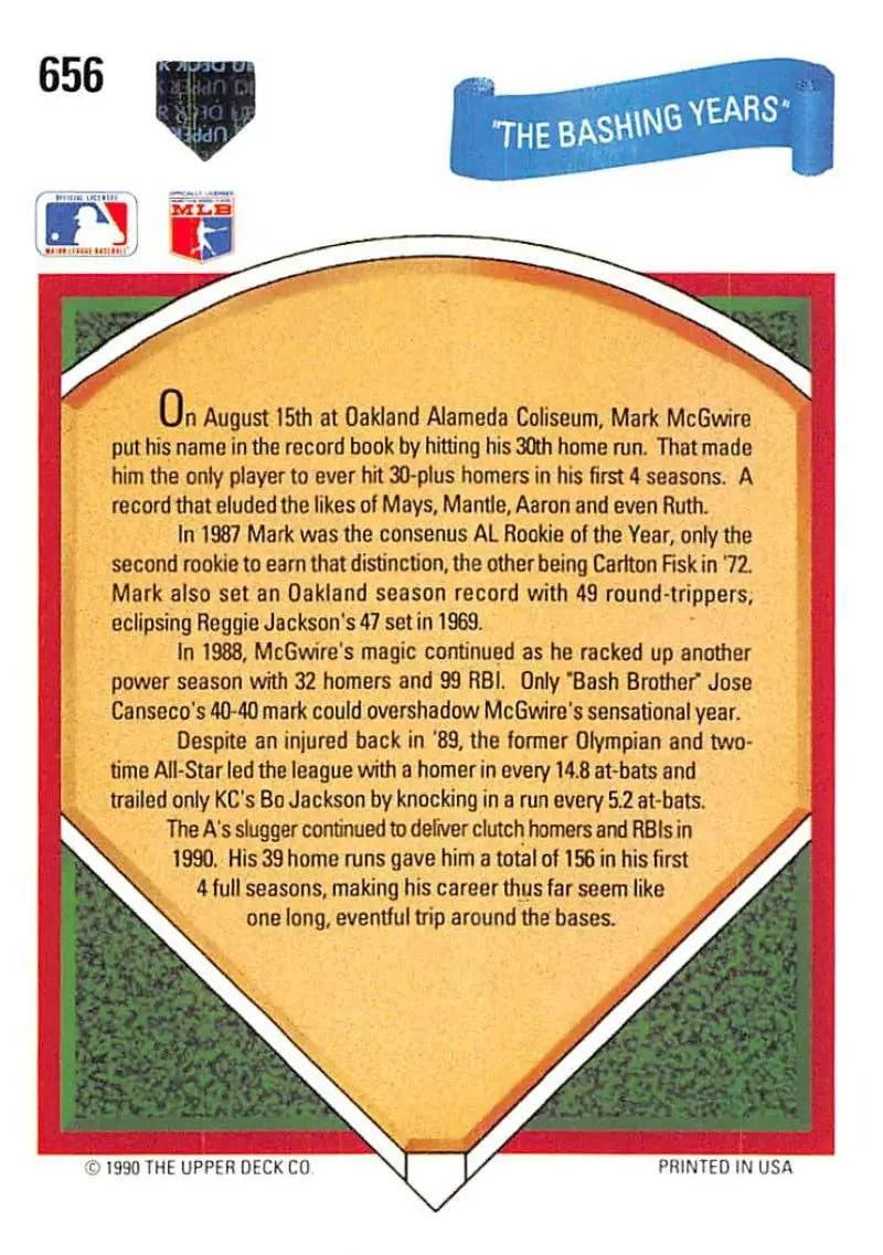 Mark McGwire 1991 Upper Deck card featuring MLB logos and baseball diamond design
