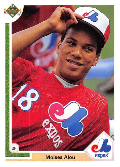 Moises Alou 1991 Upper Deck baseball card featuring Montreal Expos red jersey and cap