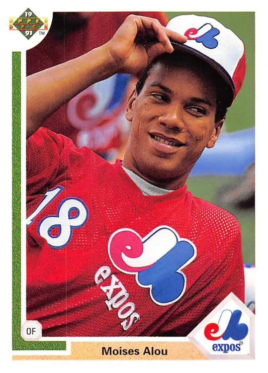 Moises Alou 1991 Upper Deck baseball card featuring Montreal Expos red jersey and cap