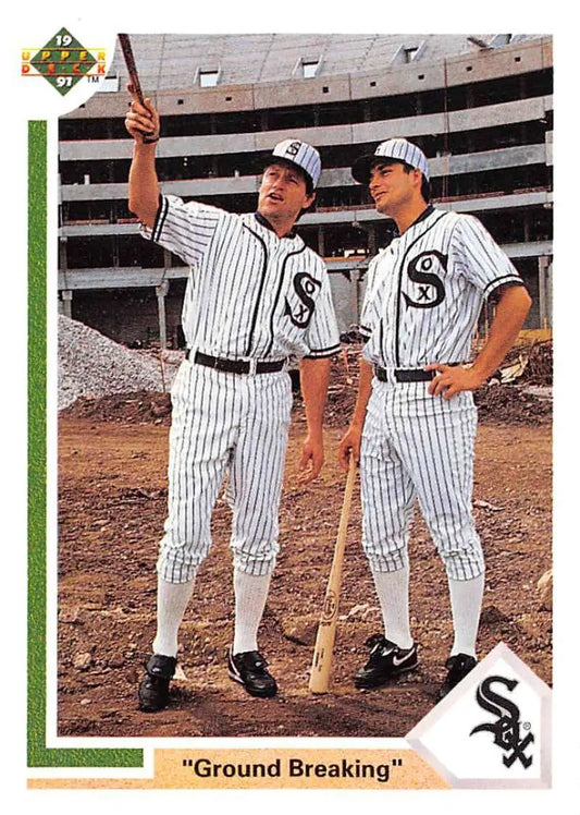 Two Chicago White Sox players in pinstriped uniforms with baseball bats on a card