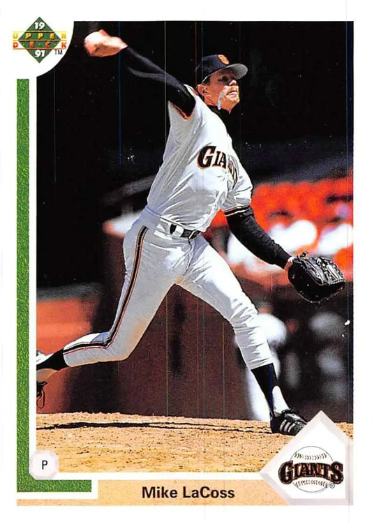 San Francisco Giants pitcher Mike LaCoss in delivery on 1991 Upper Deck card