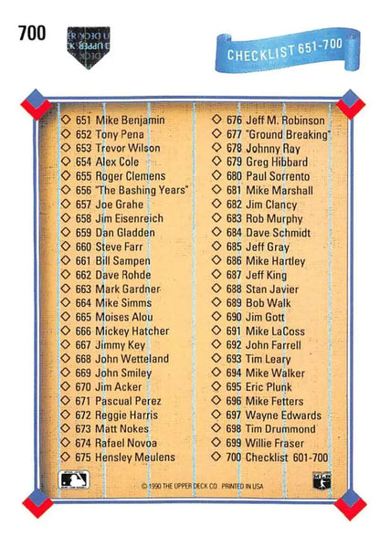 Baseball card checklist for Upper Deck players 651-700 with blue banner displayed