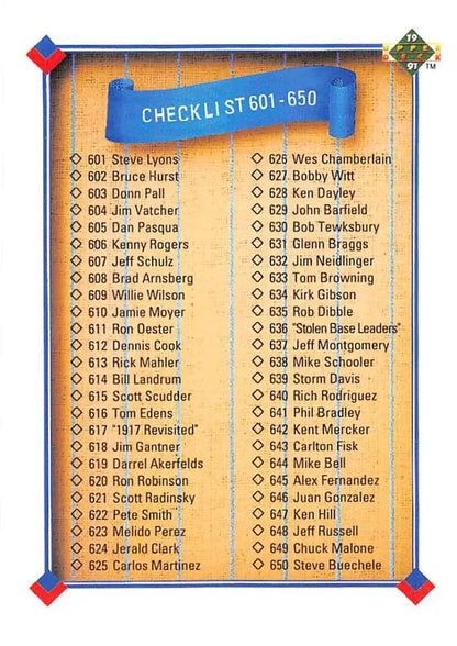Checklist Baseball Card for 1991 Upper Deck featuring player numbers 601-650