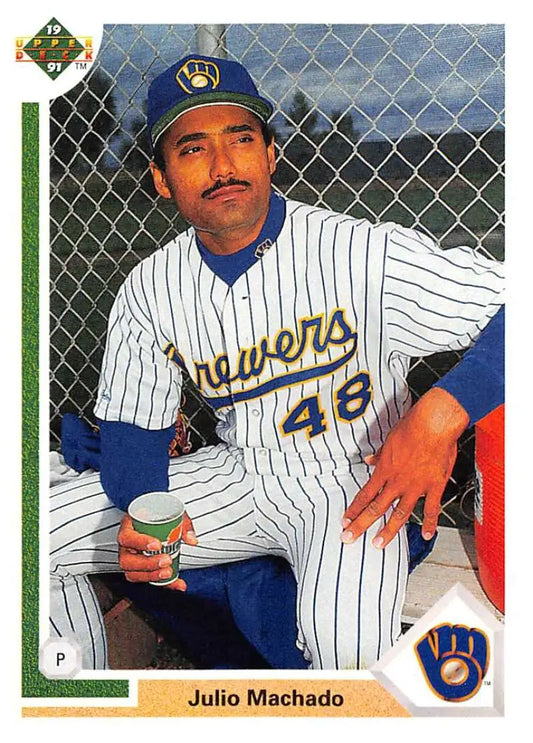 Julio Machado in pinstriped uniform with beverage can, Milwaukee Brewers Upper Deck card