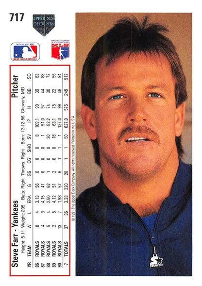 1991 Upper Deck #717 Steve Farr Baseball Card for New York Yankees with statistics