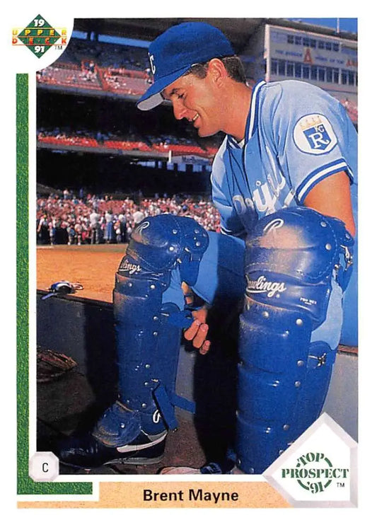 Brent Mayne in Kansas City Royals uniform kneeling with catching gear, 1991 card