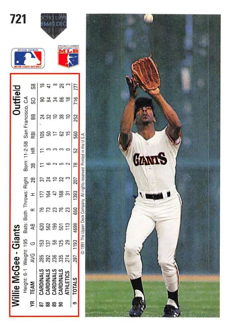 Willie McGee catching a fly ball on a San Francisco Giants baseball card