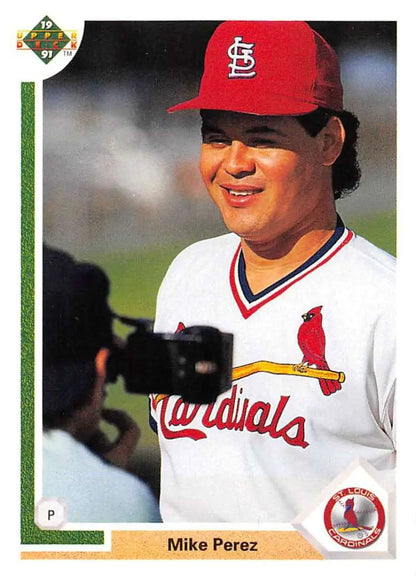 Mike Perez in red cap and white uniform on 1991 Upper Deck St. Louis Cardinals card