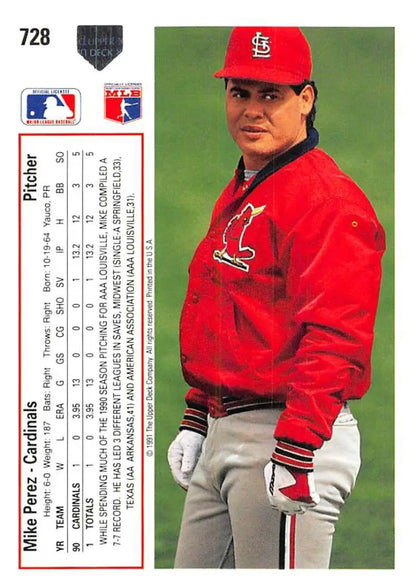 Baseball card of Mike Perez in red jacket, St. Louis Cardinals, Upper Deck 1991 RC