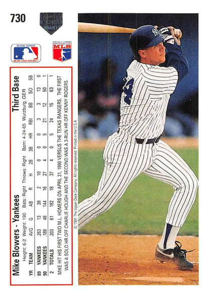 Mike Blowers baseball card in pinstripe uniform mid-swing from Upper Deck