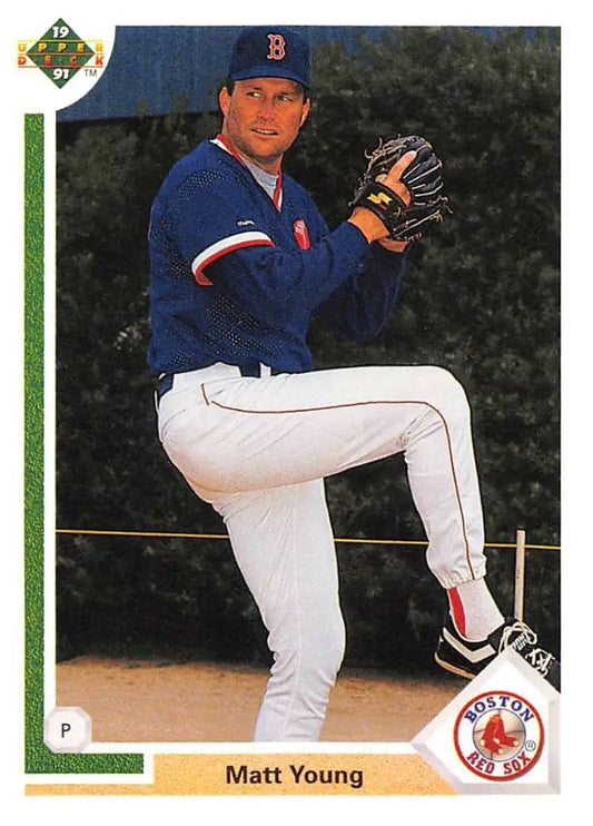 Boston Red Sox baseball card of Matt Young in a wind-up pose with blue uniform